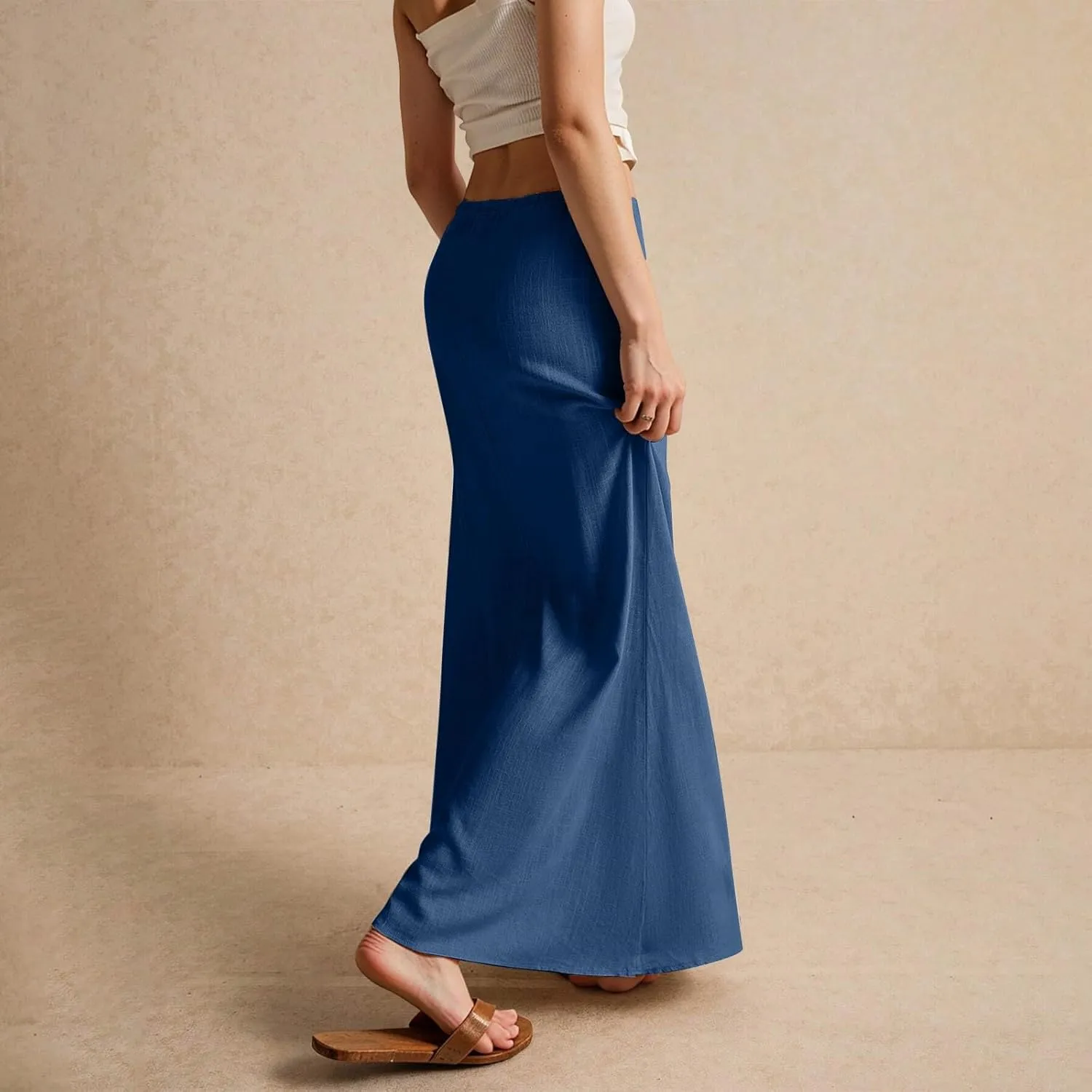 Womens Skirts Beach Long Flowy Skirts Plus Size Linen Maxi Skirt with Slit Comfy Drawstring Low Rise Summer