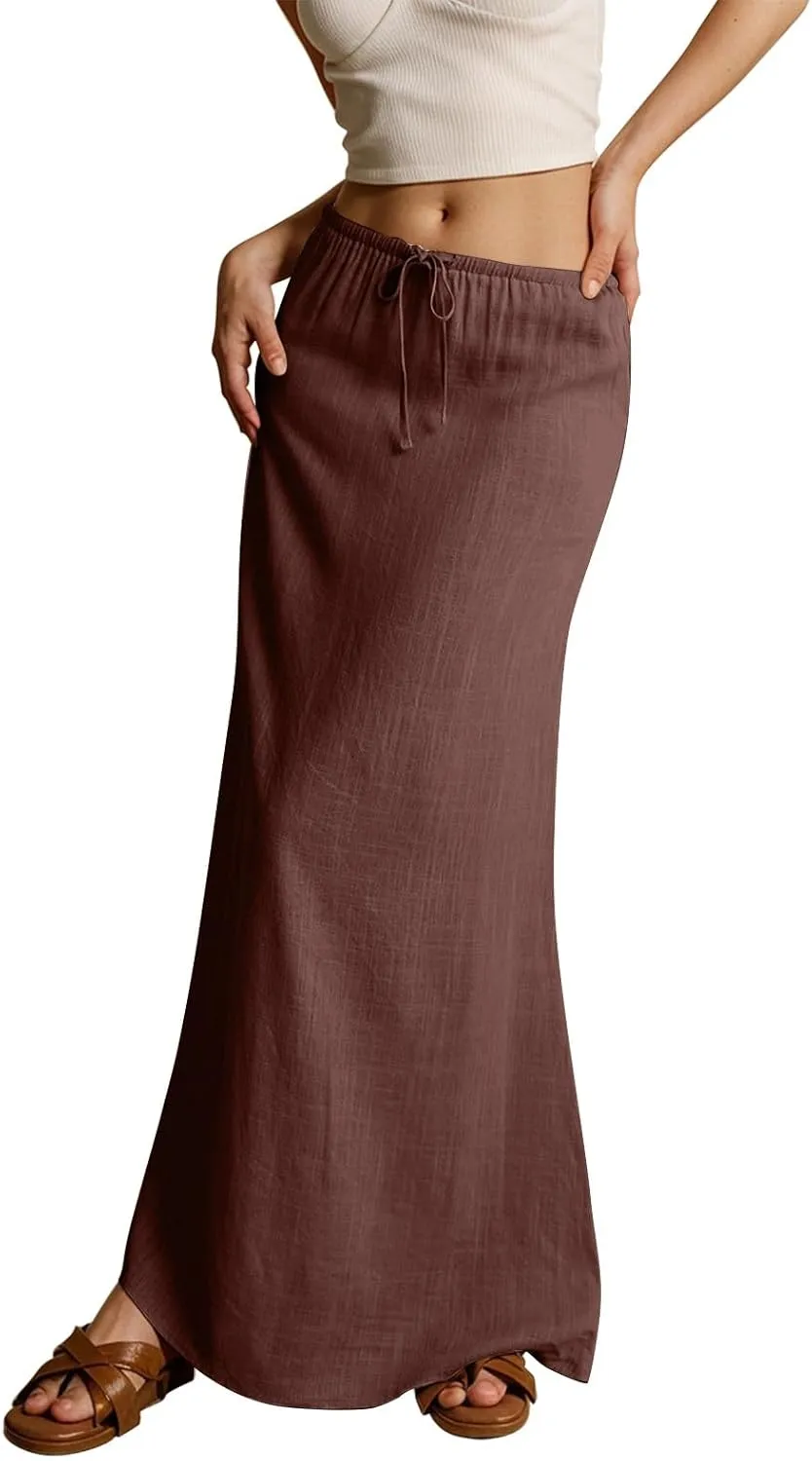 Womens Skirts Beach Long Flowy Skirts Plus Size Linen Maxi Skirt with Slit Comfy Drawstring Low Rise Summer