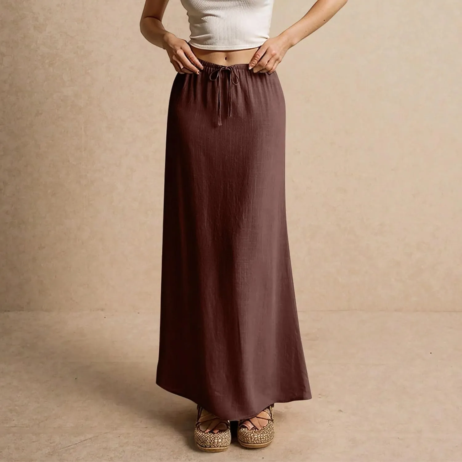 Womens Skirts Beach Long Flowy Skirts Plus Size Linen Maxi Skirt with Slit Comfy Drawstring Low Rise Summer