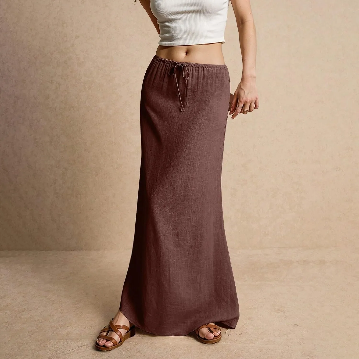Womens Skirts Beach Long Flowy Skirts Plus Size Linen Maxi Skirt with Slit Comfy Drawstring Low Rise Summer