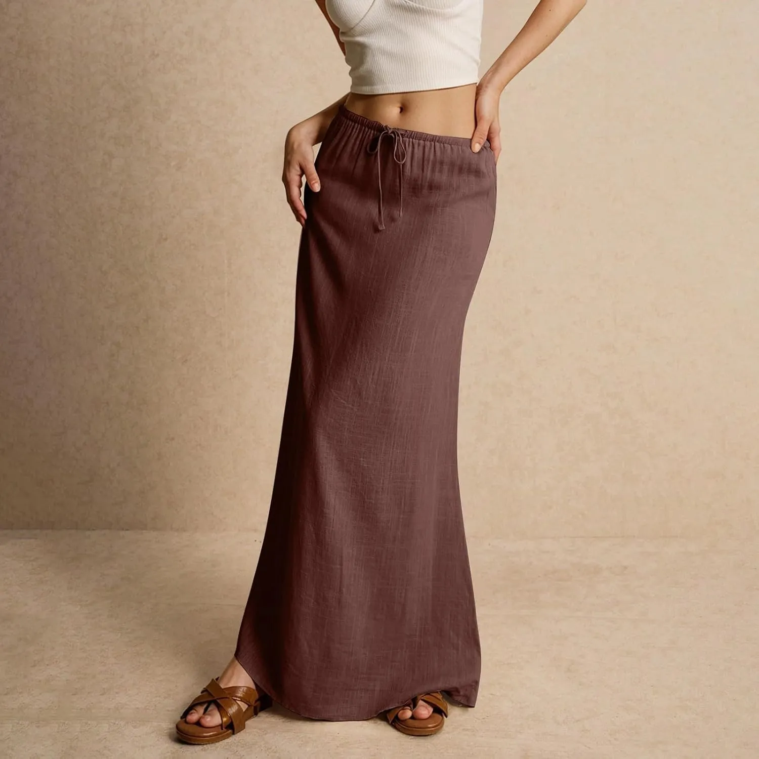 Womens Skirts Beach Long Flowy Skirts Plus Size Linen Maxi Skirt with Slit Comfy Drawstring Low Rise Summer