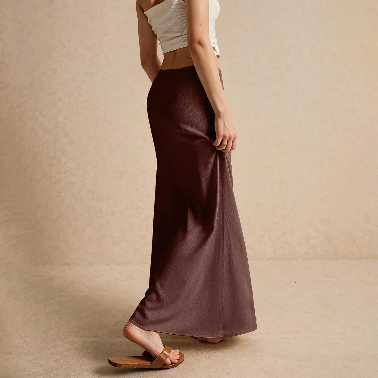 Womens Skirts Beach Long Flowy Skirts Plus Size Linen Maxi Skirt with Slit Comfy Drawstring Low Rise Summer