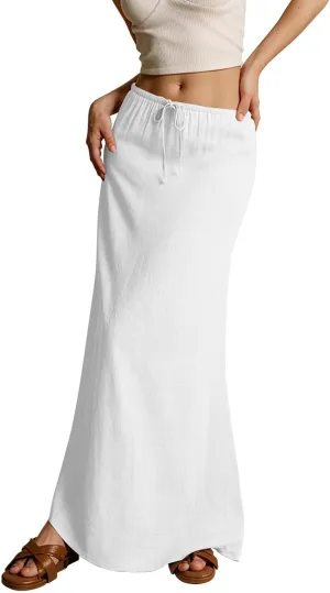 Womens Skirts Beach Long Flowy Skirts Plus Size Linen Maxi Skirt with Slit Comfy Drawstring Low Rise Summer