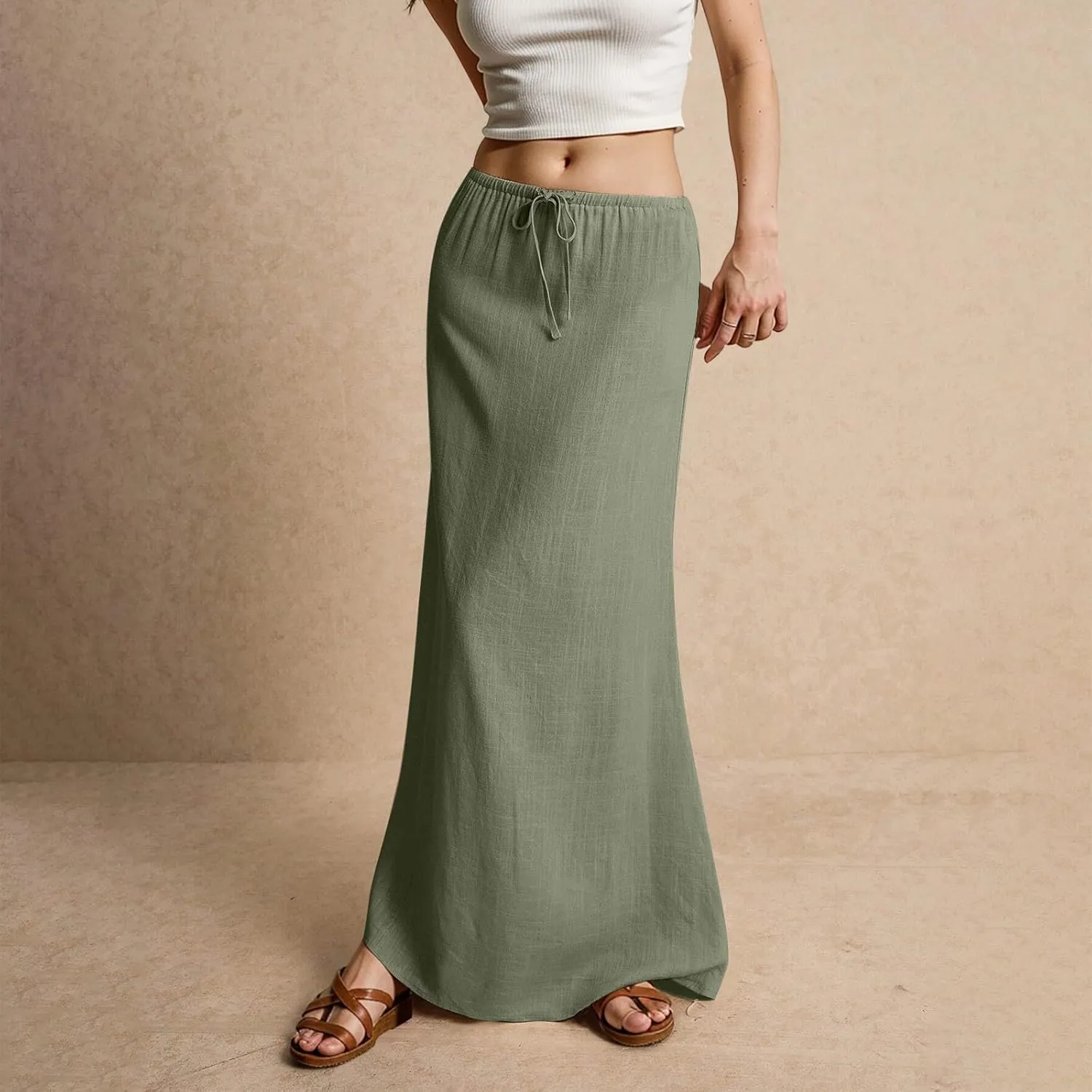 Women's Skirts Comfy Drawstring Low Rise Long Flowy Skirts Beach Womens Linen Maxi Skirt with Slit Summer Plus Size