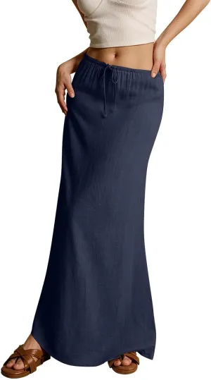 Women's Skirts Comfy Drawstring Low Rise Long Flowy Skirts Beach Womens Linen Maxi Skirt with Slit Summer Plus Size
