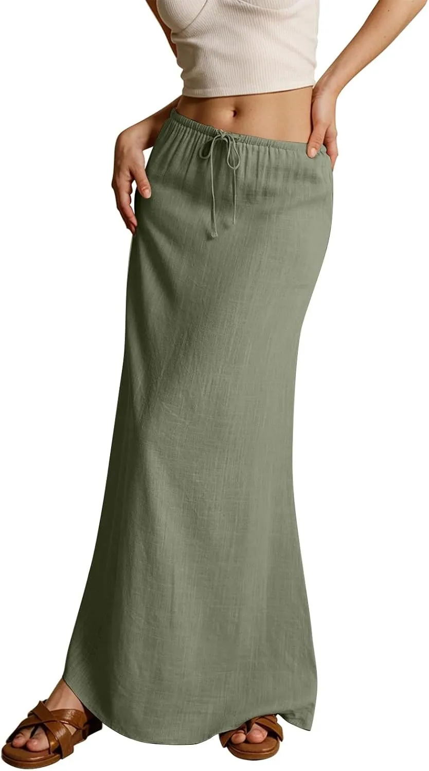 Women's Skirts Comfy Drawstring Low Rise Long Flowy Skirts Beach Womens Linen Maxi Skirt with Slit Summer Plus Size