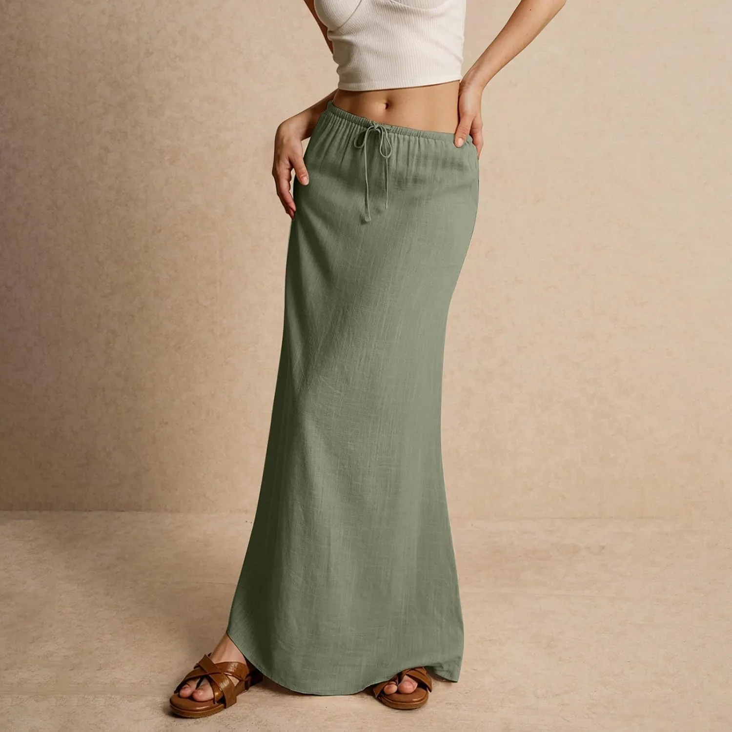 Women's Skirts Comfy Drawstring Low Rise Long Flowy Skirts Beach Womens Linen Maxi Skirt with Slit Summer Plus Size