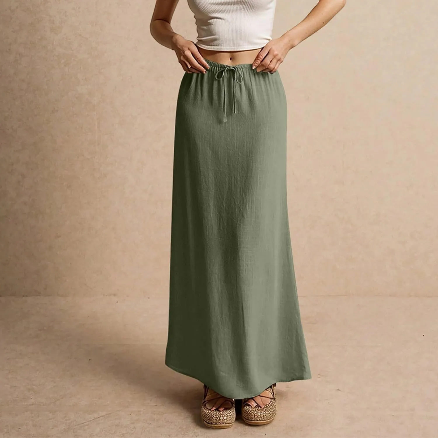 Women's Skirts Comfy Drawstring Low Rise Long Flowy Skirts Beach Womens Linen Maxi Skirt with Slit Summer Plus Size