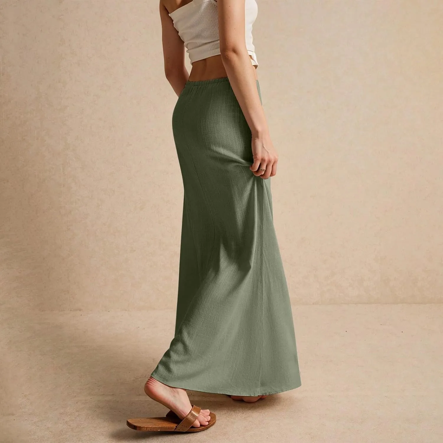 Women's Skirts Comfy Drawstring Low Rise Long Flowy Skirts Beach Womens Linen Maxi Skirt with Slit Summer Plus Size