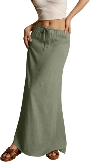 Women's Skirts Comfy Drawstring Low Rise Long Flowy Skirts Beach Womens Linen Maxi Skirt with Slit Summer Plus Size