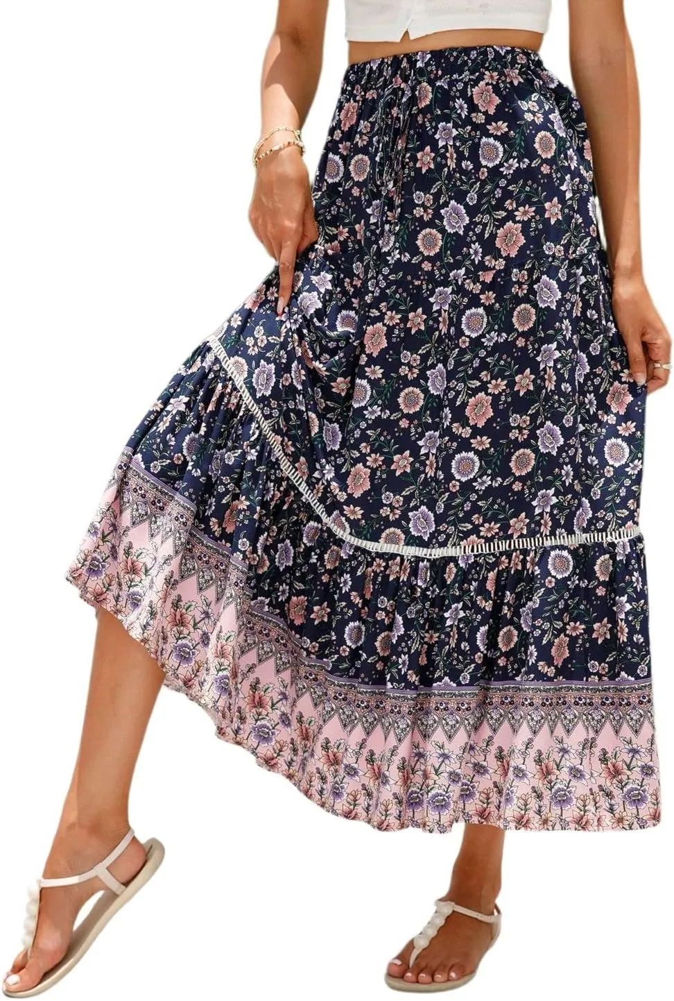 Women's Skirts,Formal Wrap Drawstring Tiered Long Boho Skirt Spring Summer Flowy Maxi Skirts for Women 2025 Trendy