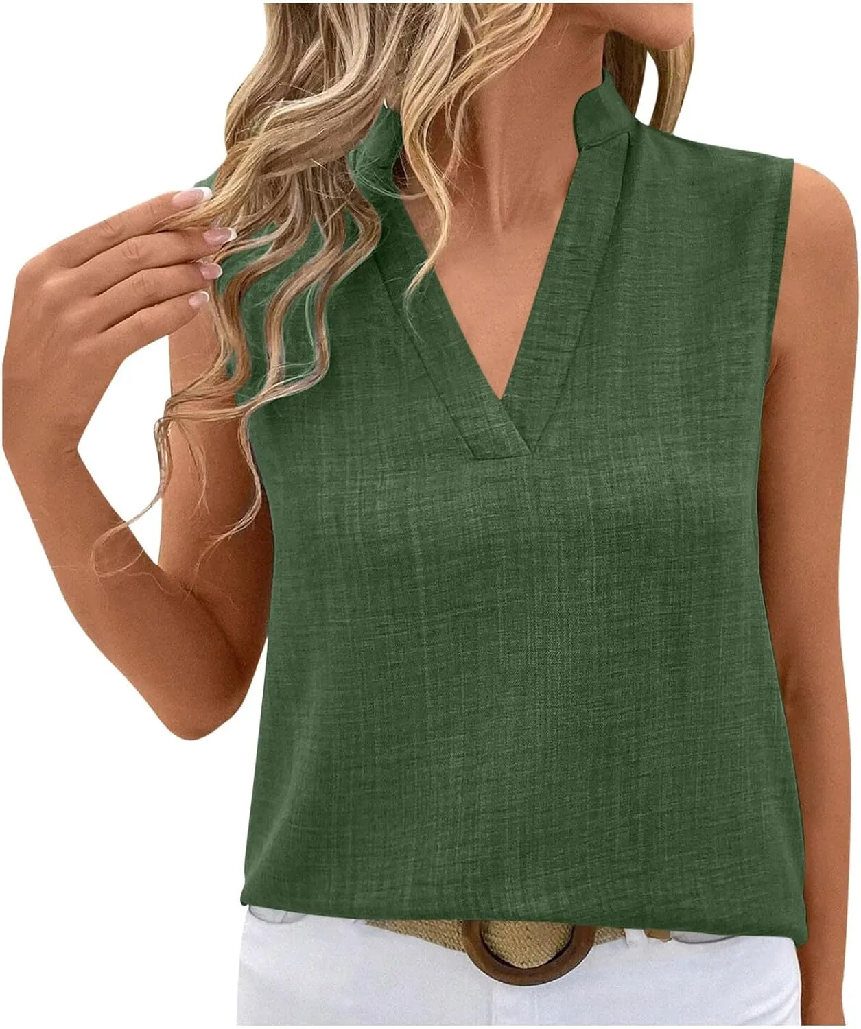 Womens Sleeveless Tops Cotton Linen Loose Fit V-Neck Tank Tops Vintage Country Basic Vacation Blouses