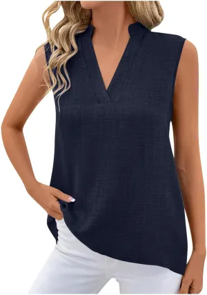Womens Sleeveless Tops Cotton Linen Loose Fit V-Neck Tank Tops Vintage Country Basic Vacation Blouses