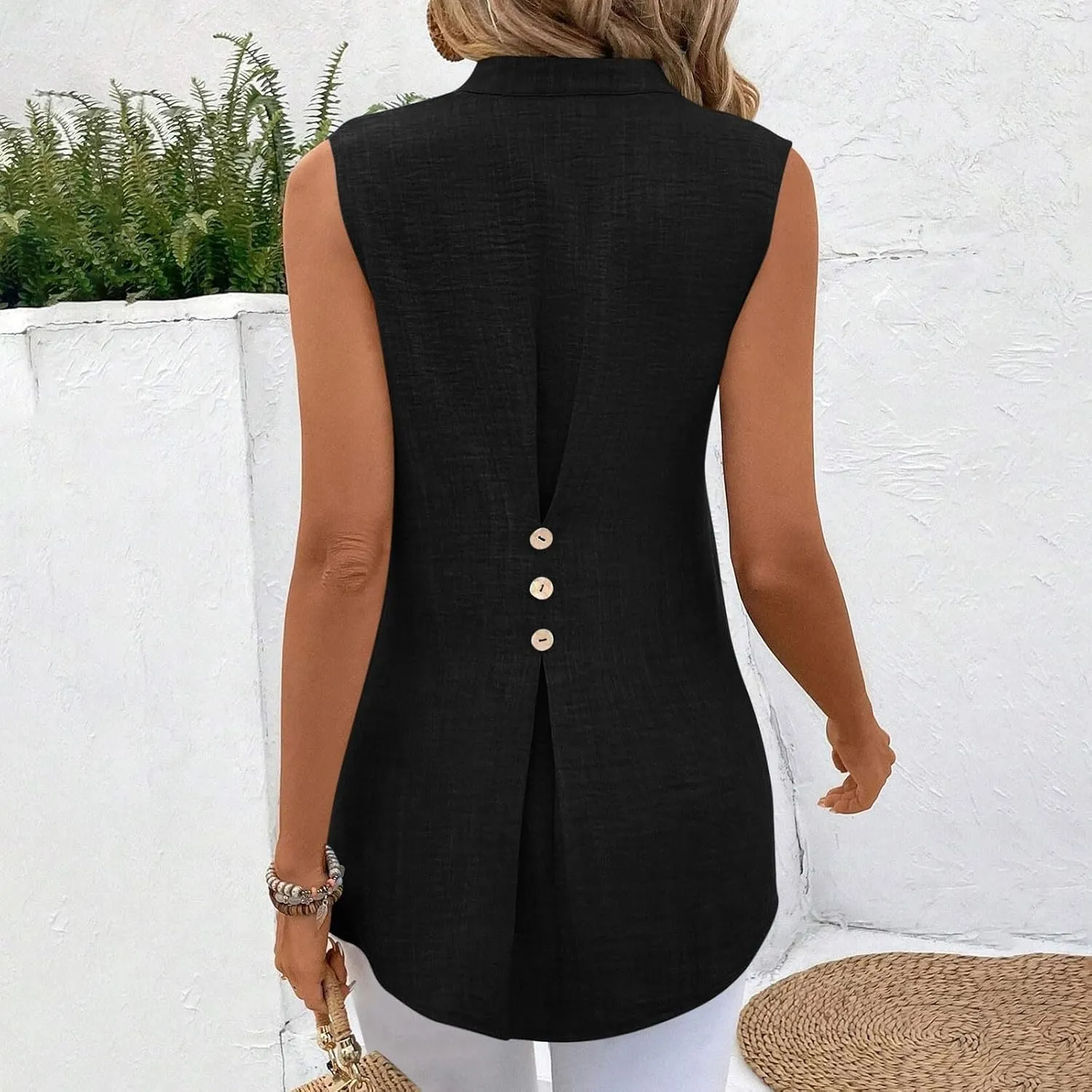 Womens Sleeveless Tops Cotton Linen Loose Fit V-Neck Tank Tops Vintage Country Basic Vacation Blouses
