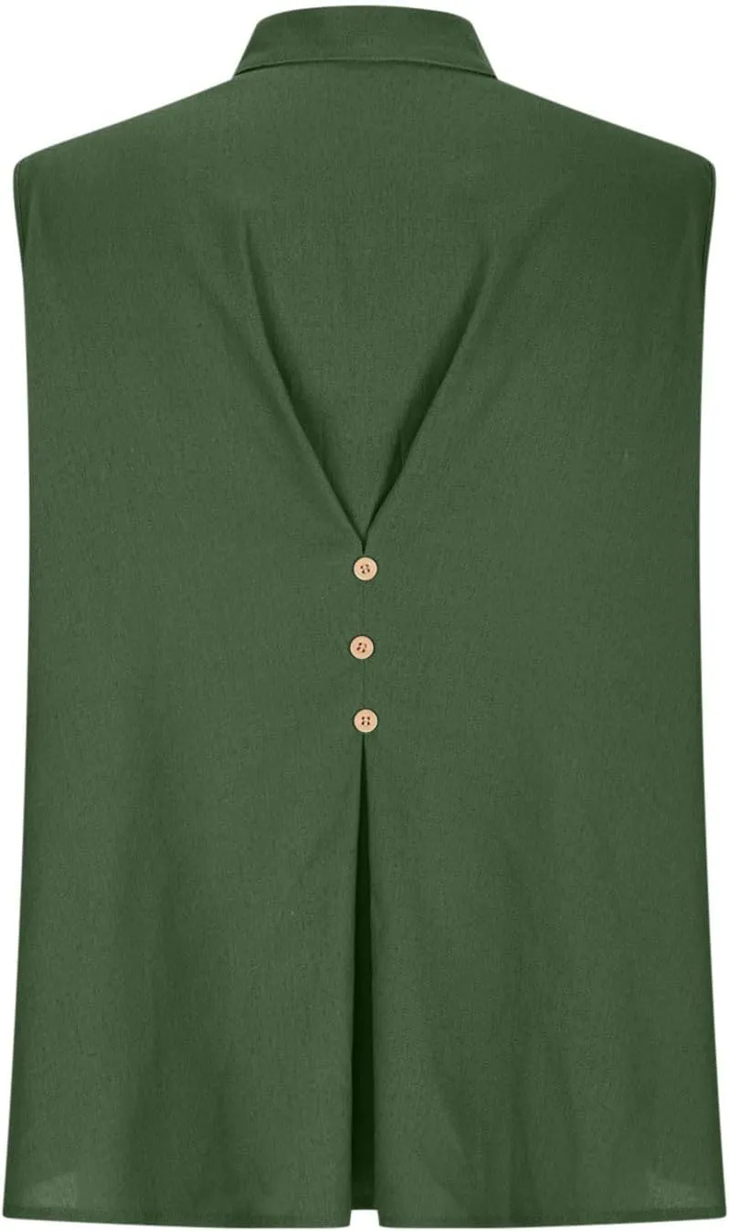 Womens Sleeveless Tops Cotton Linen Loose Fit V-Neck Tank Tops Vintage Country Basic Vacation Blouses