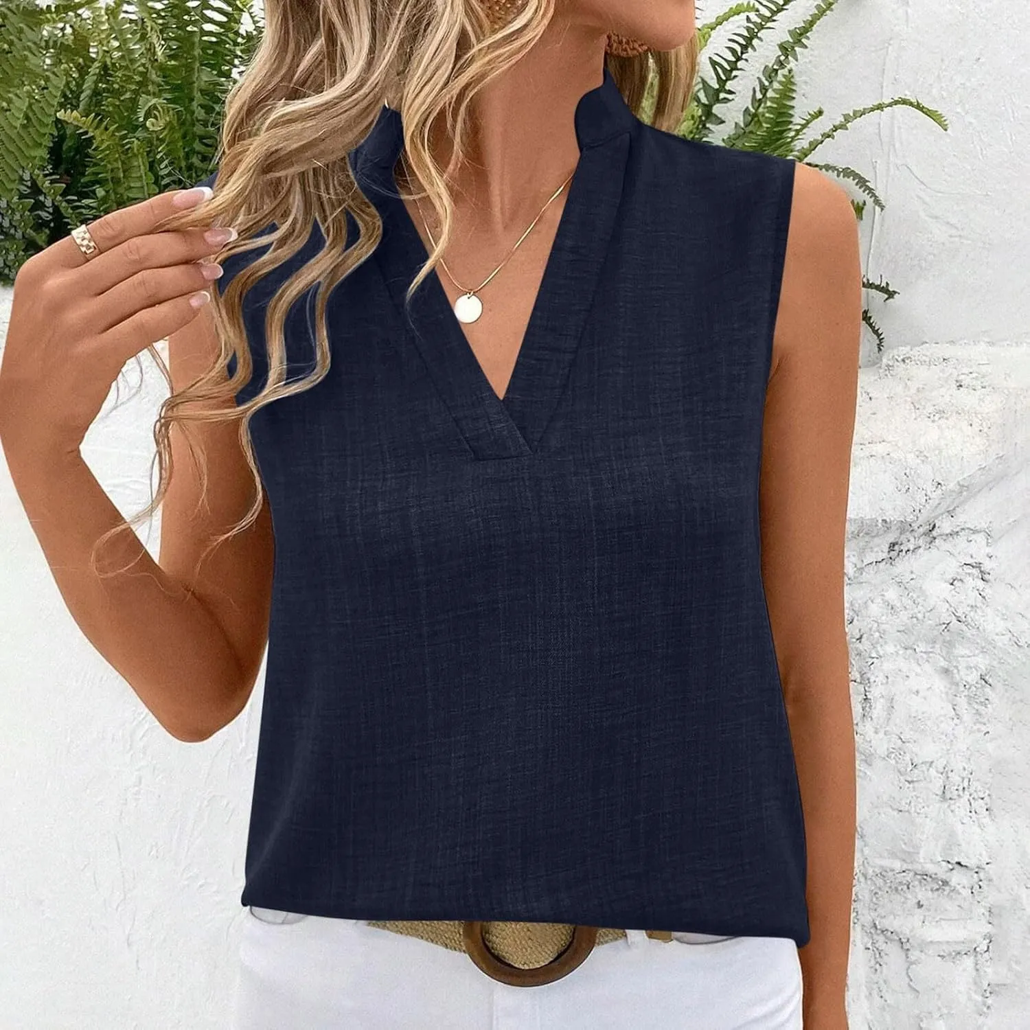 Womens Sleeveless Tops Cotton Linen Loose Fit V-Neck Tank Tops Vintage Country Basic Vacation Blouses