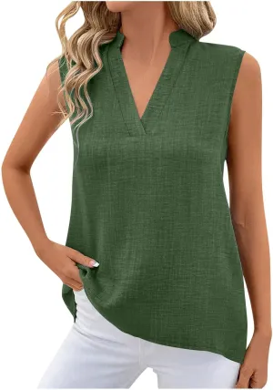 Womens Sleeveless Tops Cotton Linen Loose Fit V-Neck Tank Tops Vintage Country Basic Vacation Blouses