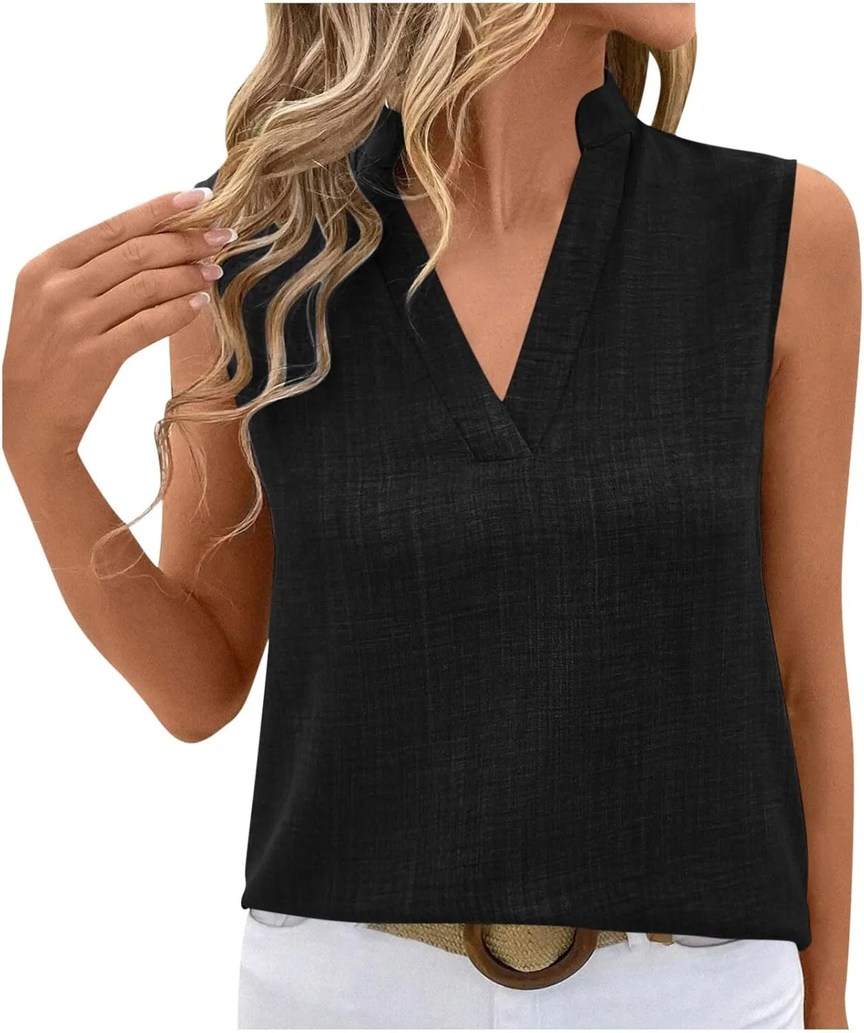 Womens Sleeveless Tops Cotton Linen Loose Fit V-Neck Tank Tops Vintage Country Basic Vacation Blouses