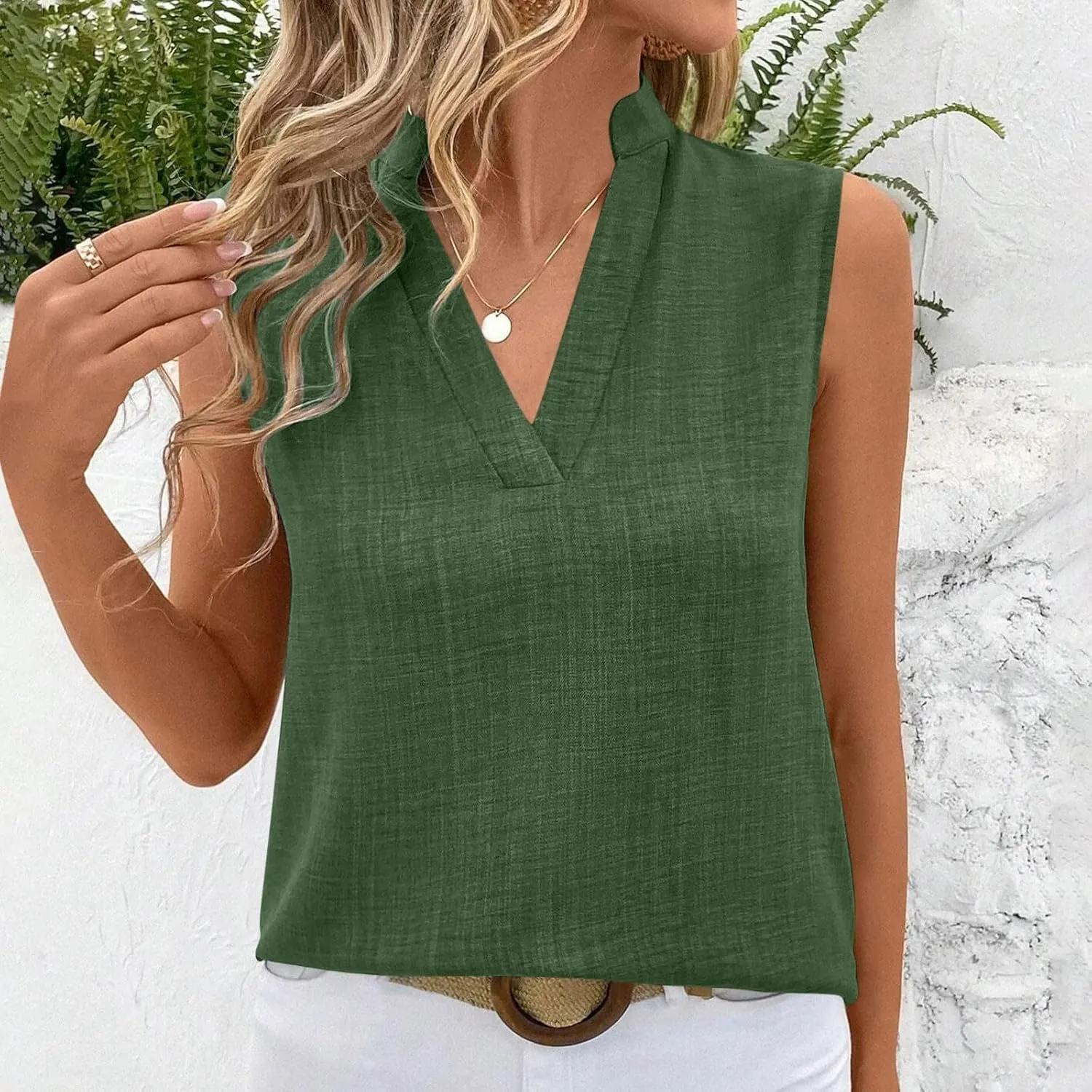 Womens Sleeveless Tops Cotton Linen Loose Fit V-Neck Tank Tops Vintage Country Basic Vacation Blouses