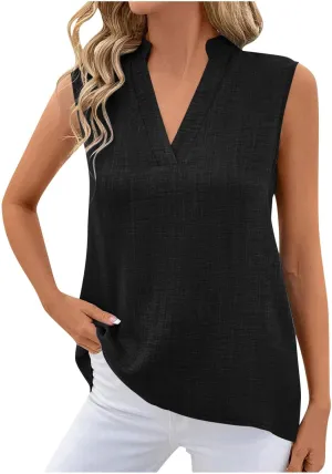 Womens Sleeveless Tops Cotton Linen Loose Fit V-Neck Tank Tops Vintage Country Basic Vacation Blouses