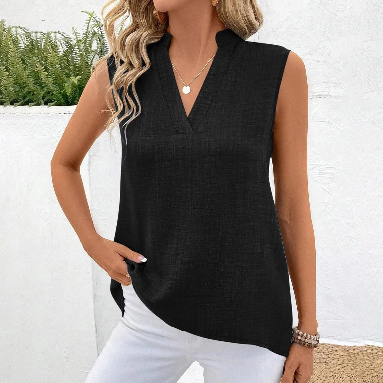 Womens Sleeveless Tops Cotton Linen Loose Fit V-Neck Tank Tops Vintage Country Basic Vacation Blouses