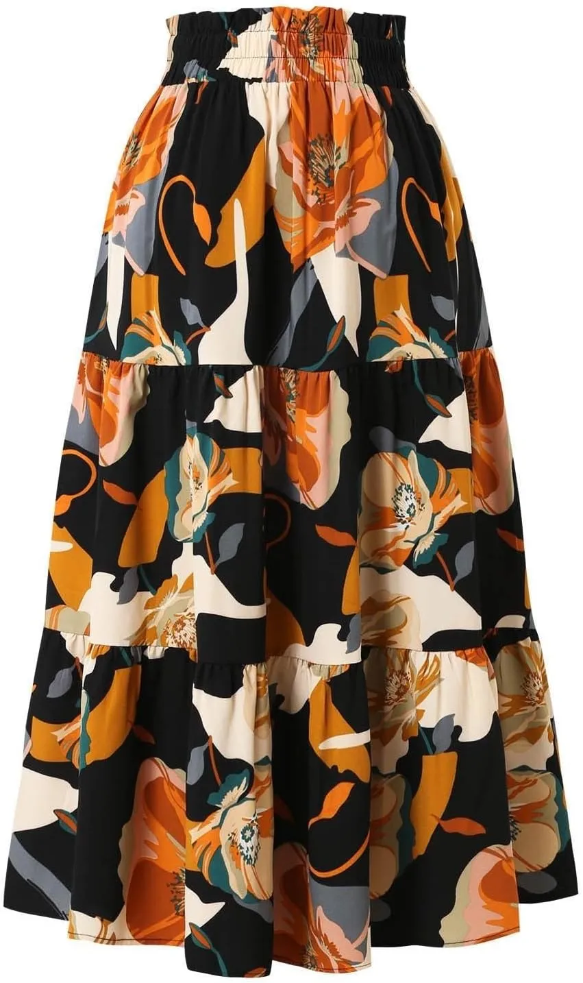 Women's Smocked Elastic High Waist Maxi A Line Skirt Floral Boho Long Skirts with Pockets 2025 Summer Beach Vaction Fashion