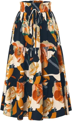 Women's Smocked Elastic High Waist Maxi A Line Skirt Floral Boho Long Skirts with Pockets 2025 Summer Beach Vaction Fashion