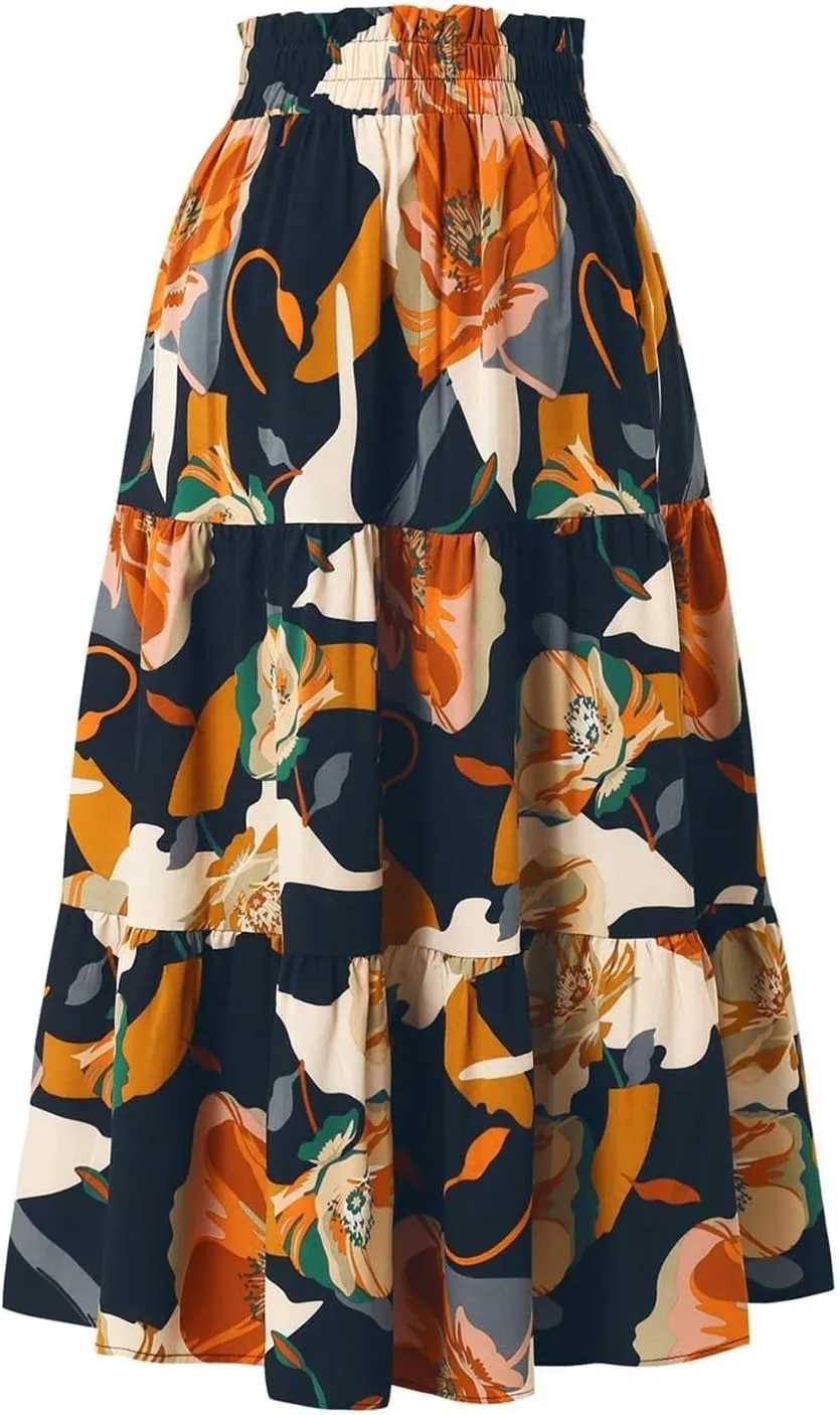 Women's Smocked Elastic High Waist Maxi A Line Skirt Floral Boho Long Skirts with Pockets 2025 Summer Beach Vaction Fashion