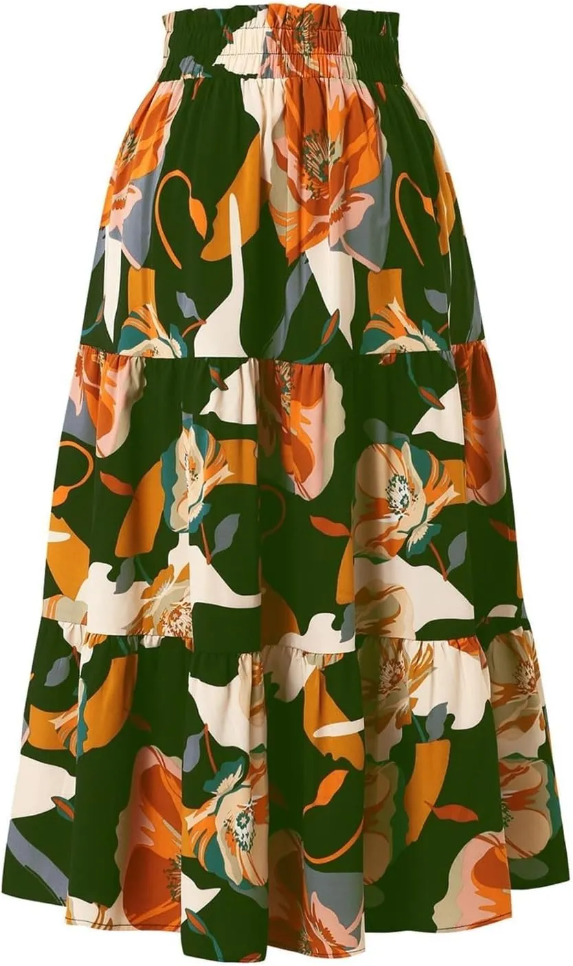 Women's Smocked Elastic High Waist Maxi A Line Skirt Floral Boho Long Skirts with Pockets 2025 Summer Beach Vaction Fashion