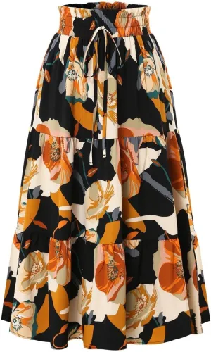 Women's Smocked Elastic High Waist Maxi A Line Skirt Floral Boho Long Skirts with Pockets 2025 Summer Beach Vaction Fashion