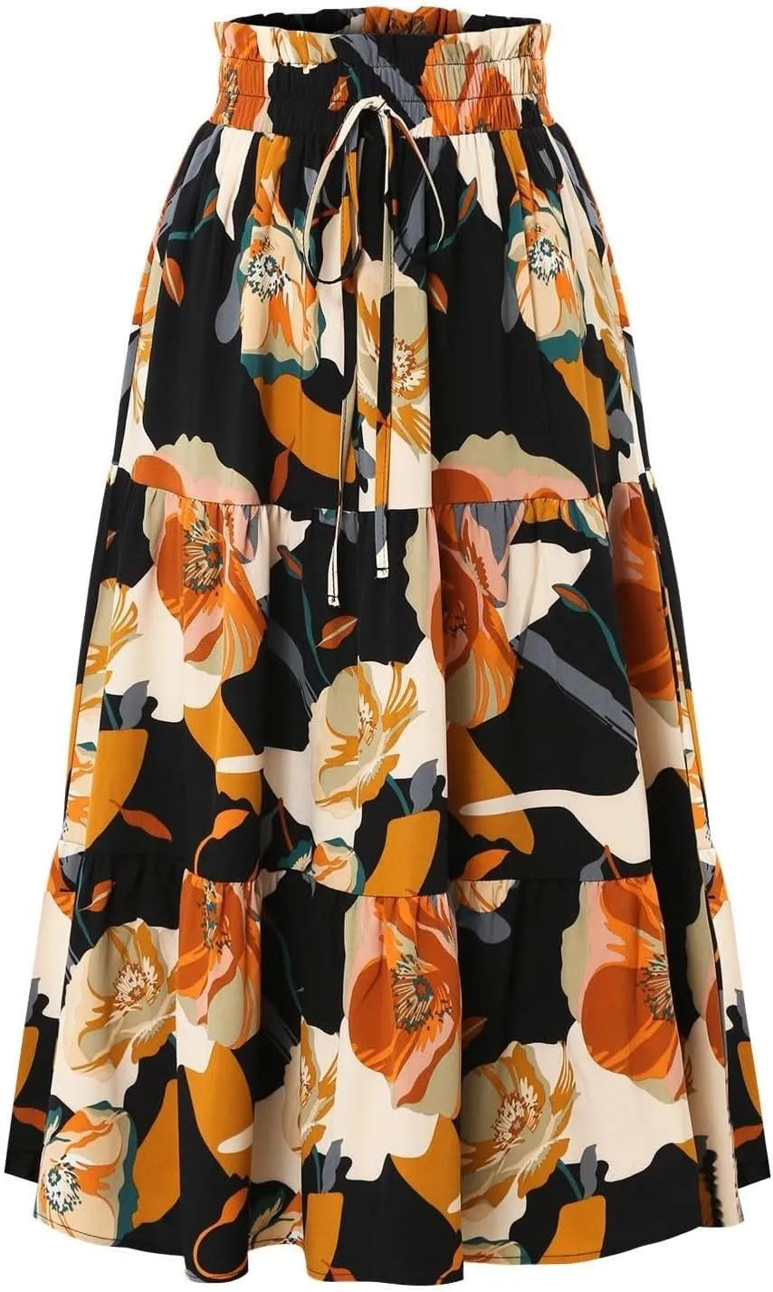 Women's Smocked Elastic High Waist Maxi A Line Skirt Floral Boho Long Skirts with Pockets 2025 Summer Beach Vaction Fashion