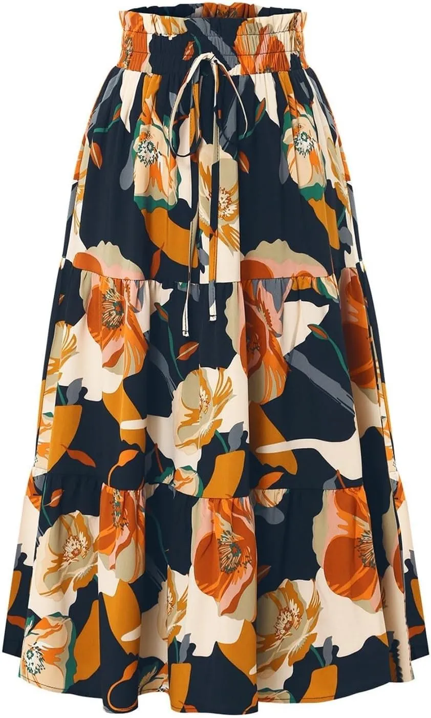 Women's Smocked Elastic High Waist Maxi A Line Skirt Floral Boho Long Skirts with Pockets 2025 Summer Beach Vaction Fashion