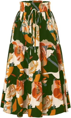 Women's Smocked Elastic High Waist Maxi A Line Skirt Floral Boho Long Skirts with Pockets 2025 Summer Beach Vaction Fashion