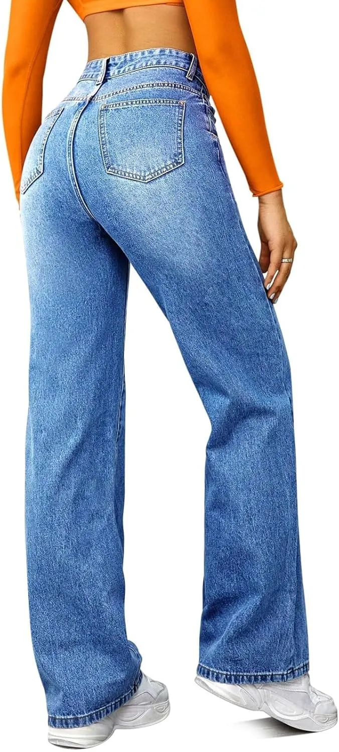 Womens Straight Leg Jeans 2025 Trendy High Waisted Wide Leg Pants Casual Loose Microelastic Boyfried Denim Trousers