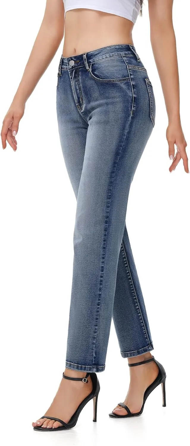 Women's Straight Leg Jeans High Waisted Stretchy Denim Pants with Pockets