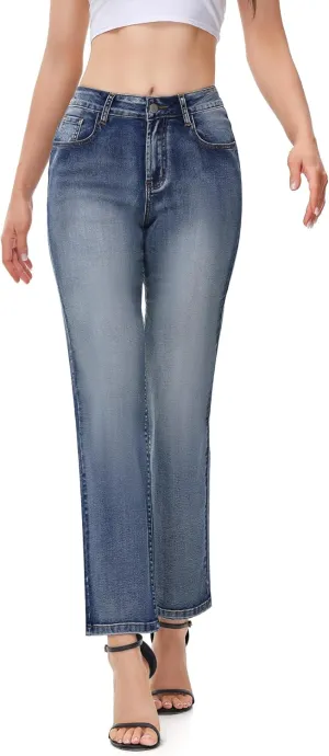 Women's Straight Leg Jeans High Waisted Stretchy Denim Pants with Pockets