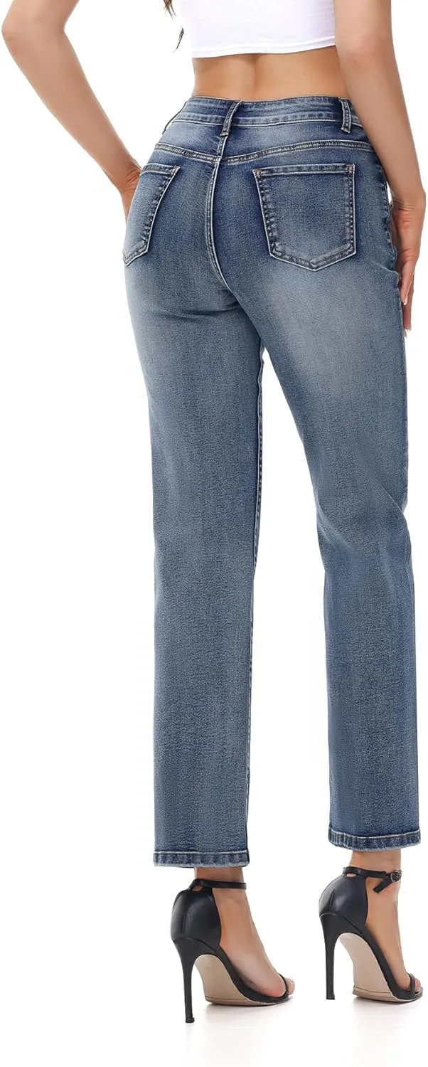 Women's Straight Leg Jeans High Waisted Stretchy Denim Pants with Pockets