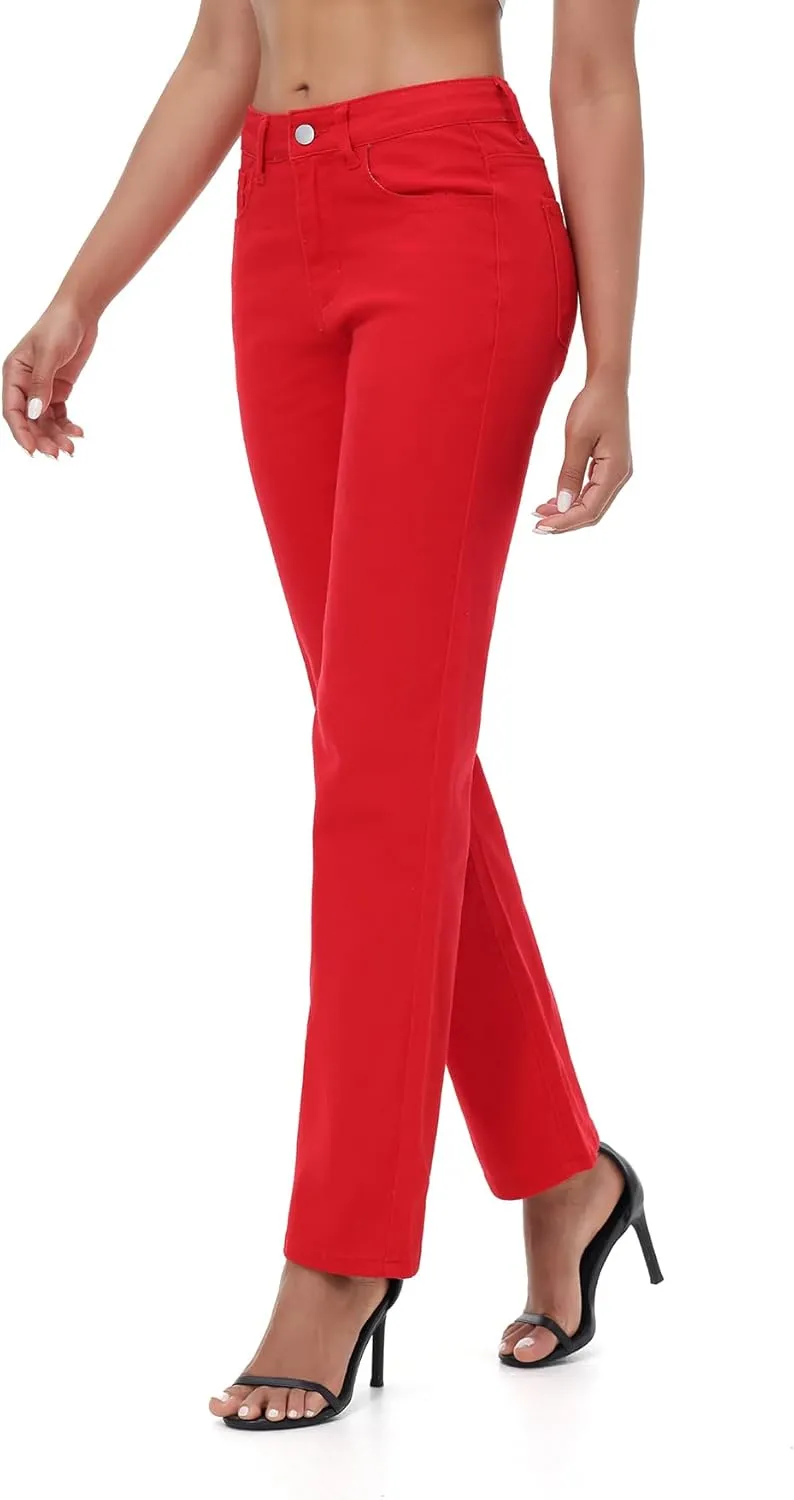 Women's Straight Leg Jeans High Waisted Stretchy Denim Pants with Pockets