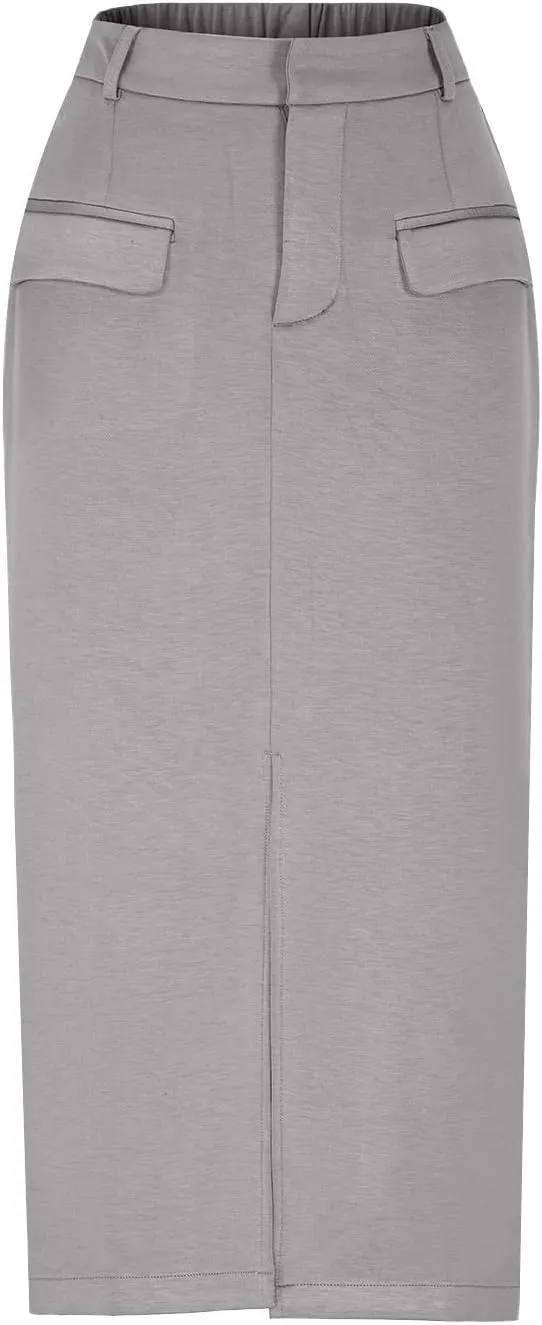 Women's Stretch Pencil Skirt Cotton Business Casual Work Midi Skirts Ladies Elastic Waist Slit Bodycon Suit Skorts