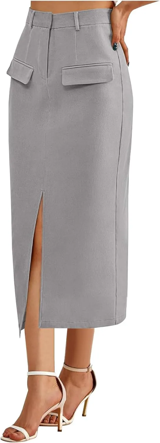 Women's Stretch Pencil Skirt Cotton Business Casual Work Midi Skirts Ladies Elastic Waist Slit Bodycon Suit Skorts