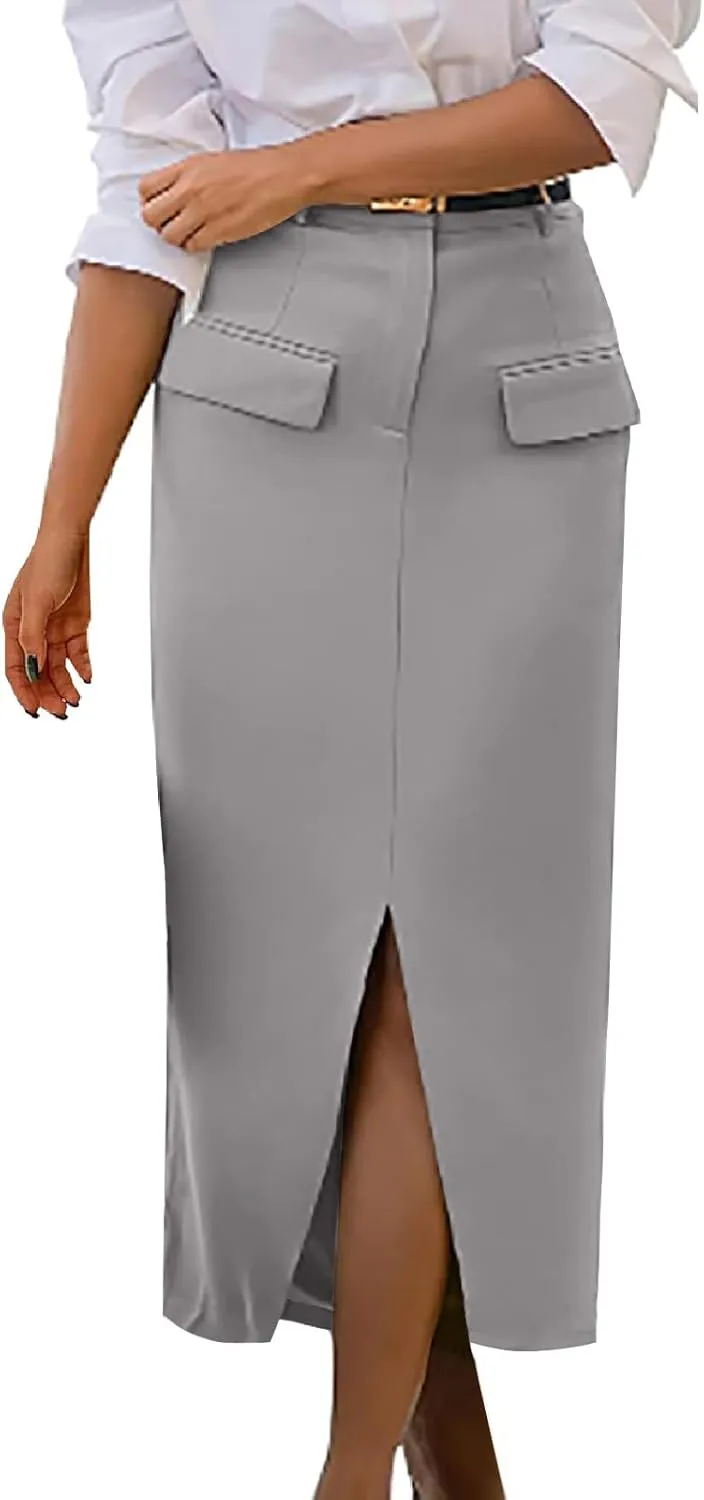 Women's Stretch Pencil Skirt Cotton Business Casual Work Midi Skirts Ladies Elastic Waist Slit Bodycon Suit Skorts