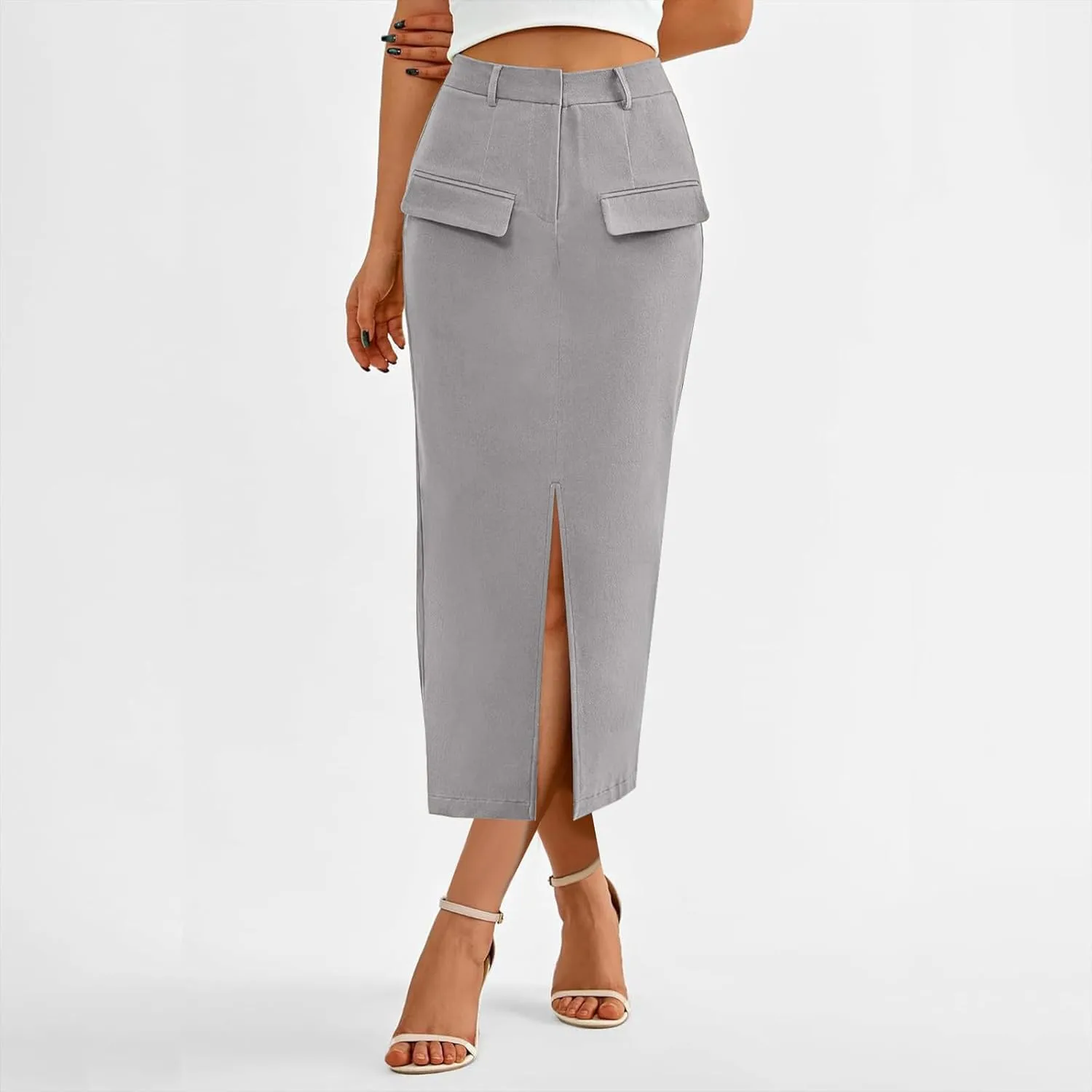 Women's Stretch Pencil Skirt Cotton Business Casual Work Midi Skirts Ladies Elastic Waist Slit Bodycon Suit Skorts