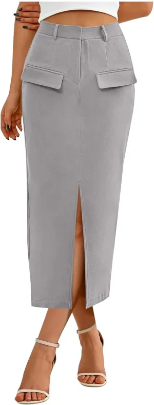Women's Stretch Pencil Skirt Cotton Business Casual Work Midi Skirts Ladies Elastic Waist Slit Bodycon Suit Skorts