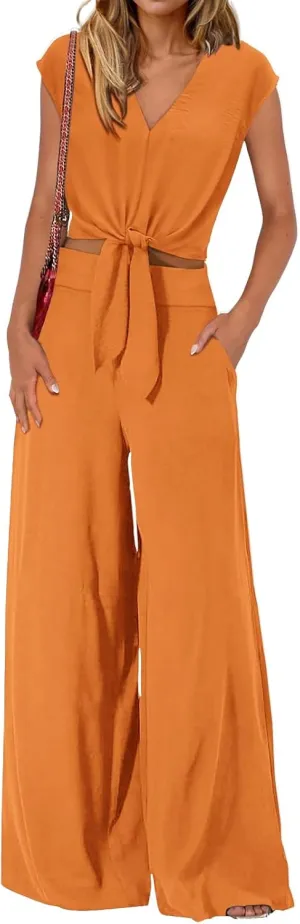 Women's Summer 2 Piece Outfits Cap Sleeve V Neck Belted Crop Tops Wide Leg Pant Sets Travel Vacation Outfits Tracksuit