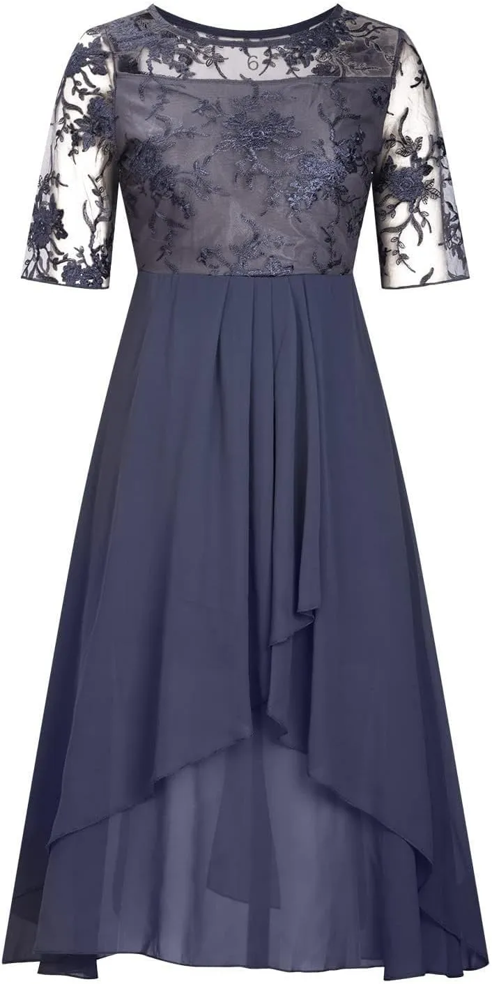 Women's Summer Chiffon Lace Maxi Dresses Half Sleeve Mesh Flowy Formal Evening Wedding Guest Party Dress