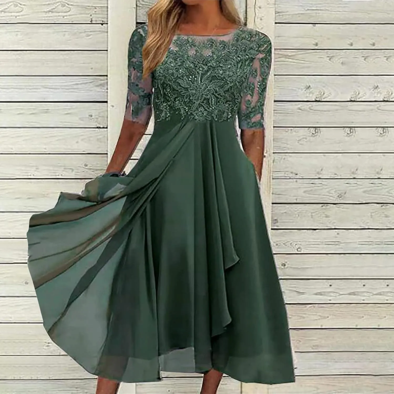 Women's Summer Chiffon Lace Maxi Dresses Half Sleeve Mesh Flowy Formal Evening Wedding Guest Party Dress