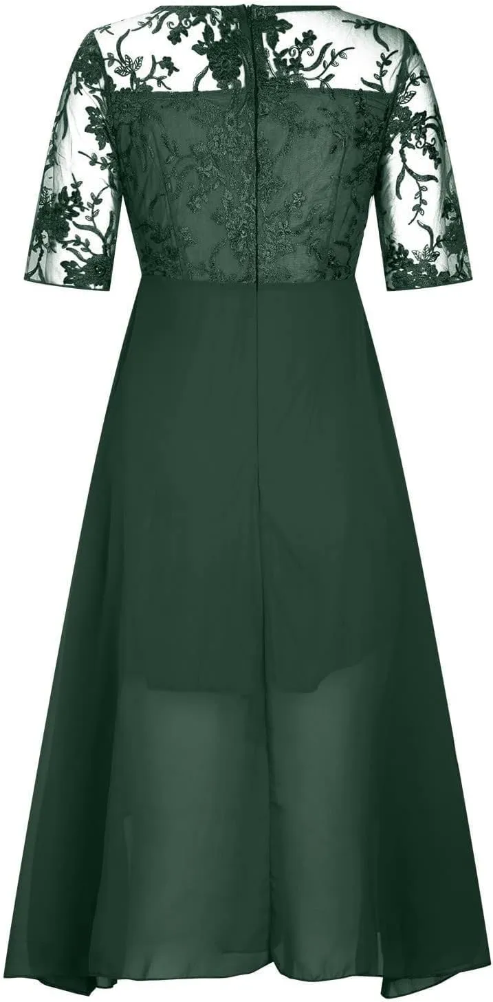 Women's Summer Chiffon Lace Maxi Dresses Half Sleeve Mesh Flowy Formal Evening Wedding Guest Party Dress