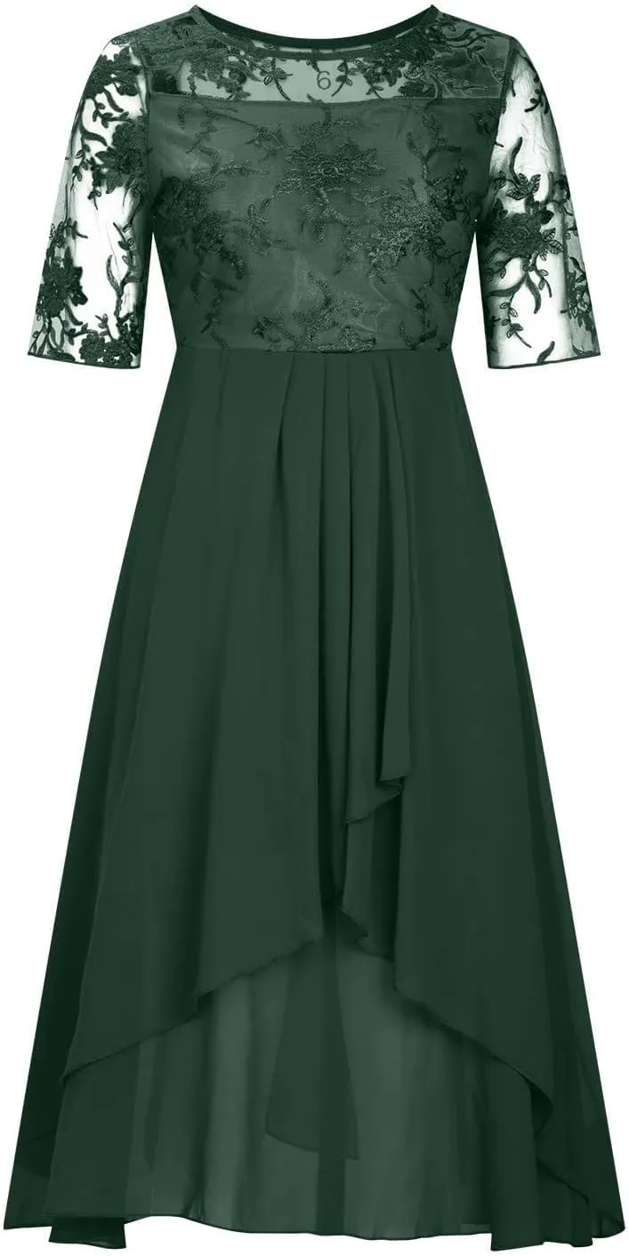 Women's Summer Chiffon Lace Maxi Dresses Half Sleeve Mesh Flowy Formal Evening Wedding Guest Party Dress