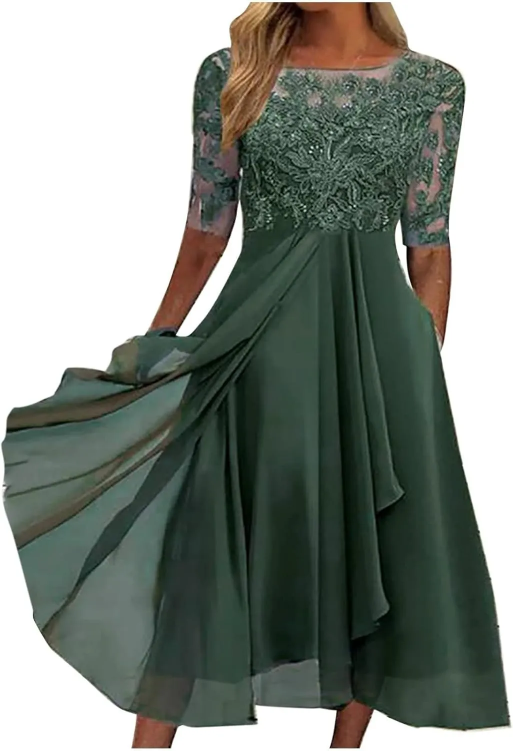 Women's Summer Chiffon Lace Maxi Dresses Half Sleeve Mesh Flowy Formal Evening Wedding Guest Party Dress