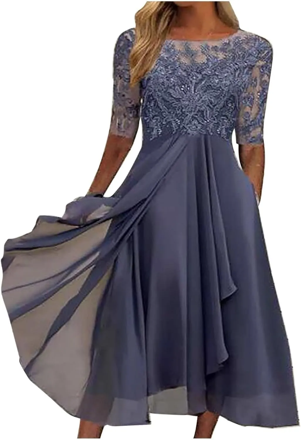 Women's Summer Chiffon Lace Maxi Dresses Half Sleeve Mesh Flowy Formal Evening Wedding Guest Party Dress